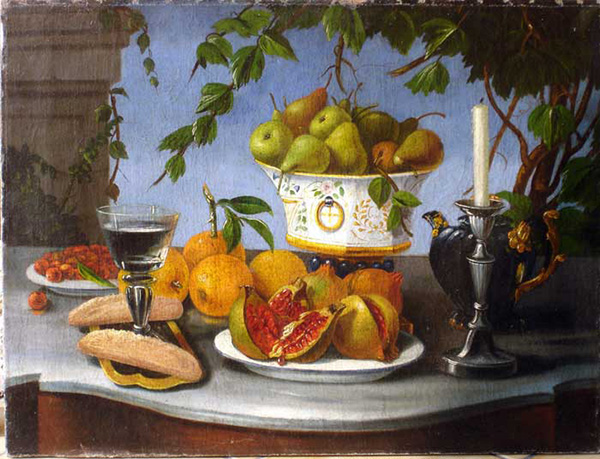 Nature morte avec grenades, oranges, poires dans un fruitier en porcelaine - Christian Berentz (dans le goût de )