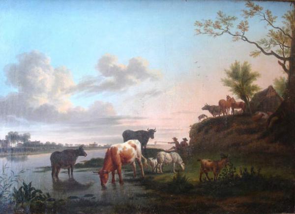 Bergers et troupeau au bord de l'eau - Ommeganck (entourage)