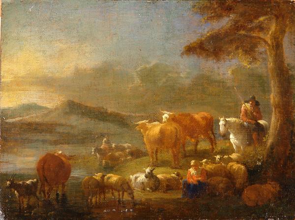 Landscape with sheperds and their herd - Circle of Theobald Michau (1676-1765)