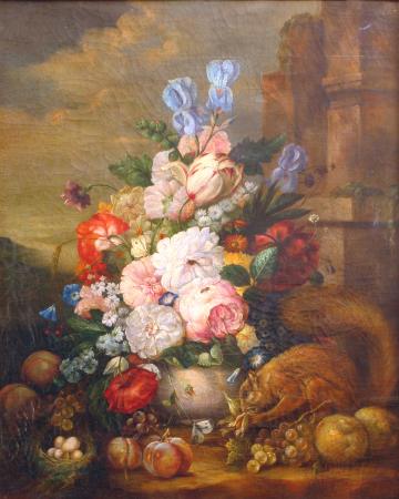 Vase de fleurs, nid et fruits avec des insectes et un écureuil, dans un paysage - Monogrammée en bas à droite JVR (lié)