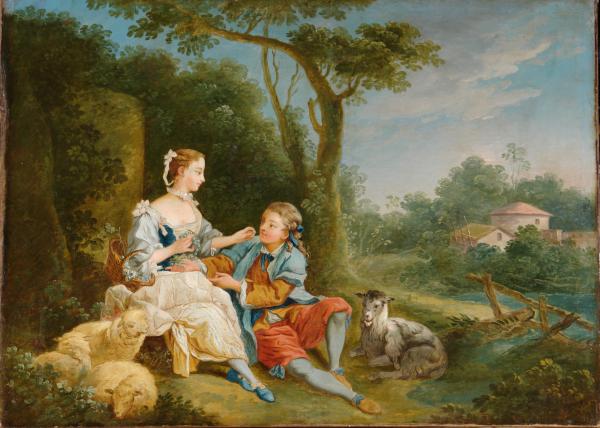 A wooded river landscape with a swain courting a shepherdess - Follower of François Boucher