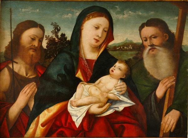 Vierge à l'Enfant entourée de Saint Jean-Baptiste et de Saint André - Francesco Rizzo di Bernardo da Santacroce ( Attribué à ) . Actif entre 1505 et 1545