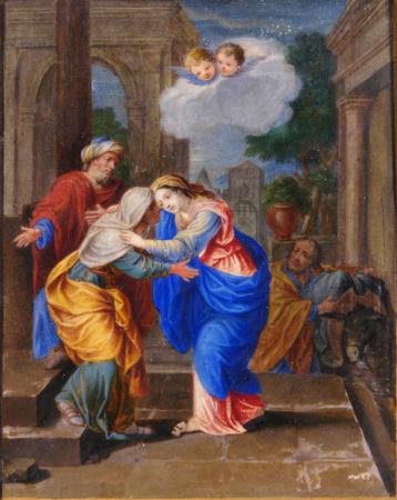 La rencontre de la Madone avec ses parents Ste Anne et St Joachim - Ecole romaine du XVIIème siècle